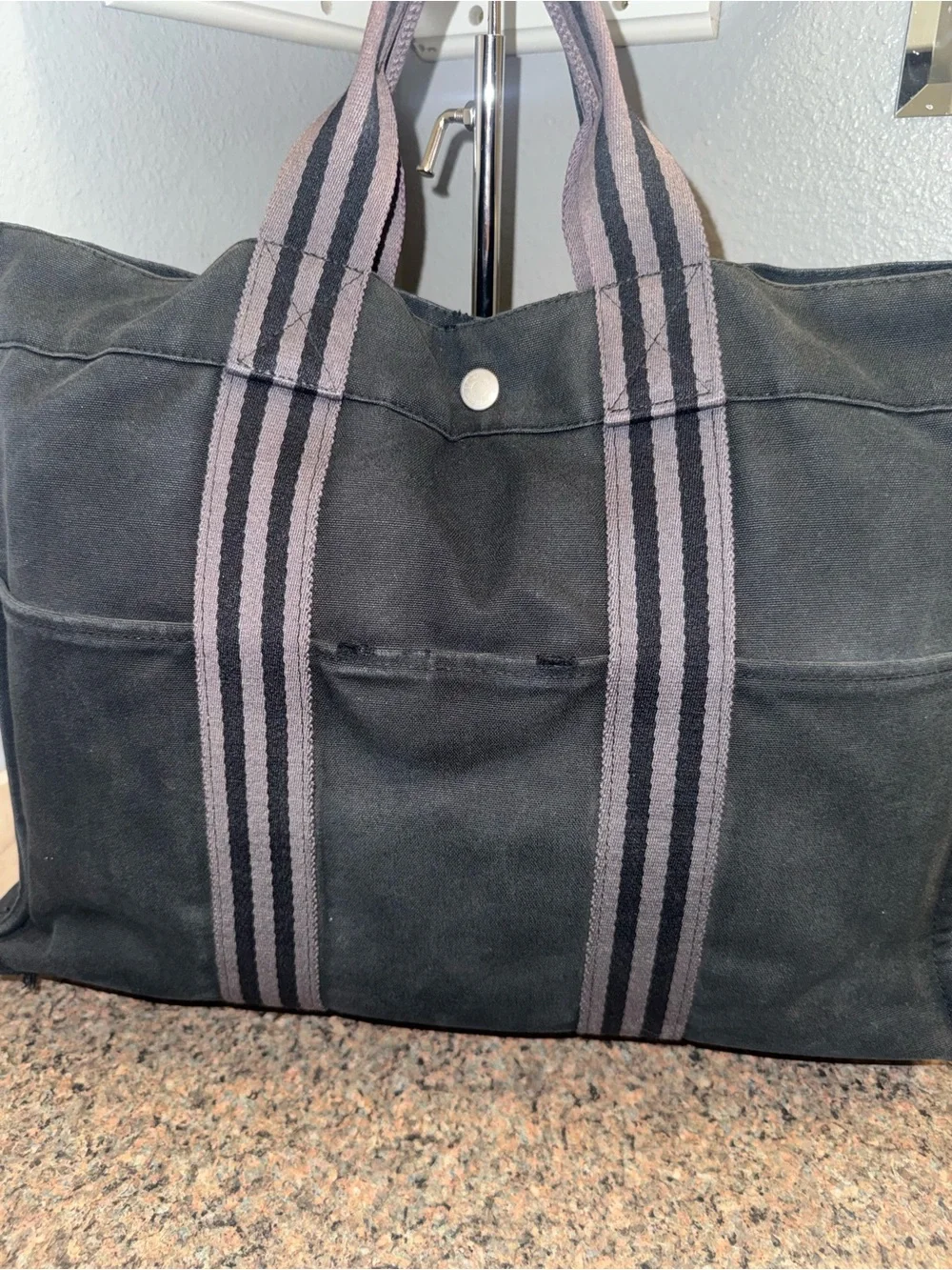 Hermes Black Canvas Tote with Striped Webbing Handles pre loved